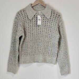 Mango Gray Wool Blend Polo Sweater Openwork Knit BRAND NEW NWT Size Medium